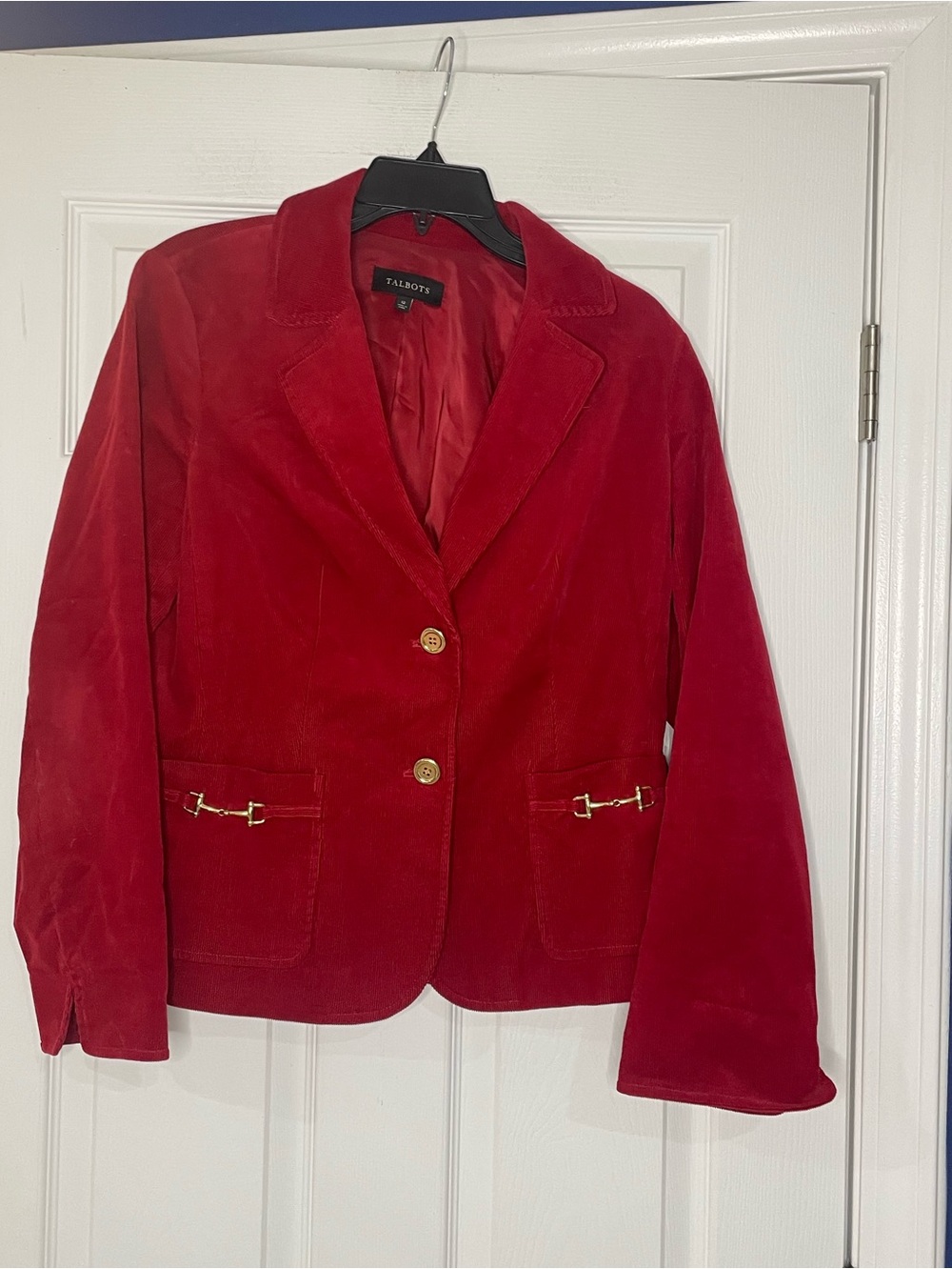 TALBOTS red corduroy cropped blazer with gold finish horsebit detail - size 12
